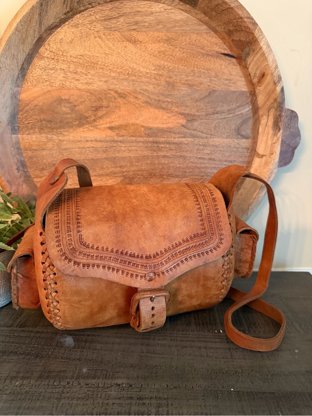 Vintage Tooled Leather Saddle Bag With Shoulder Strap